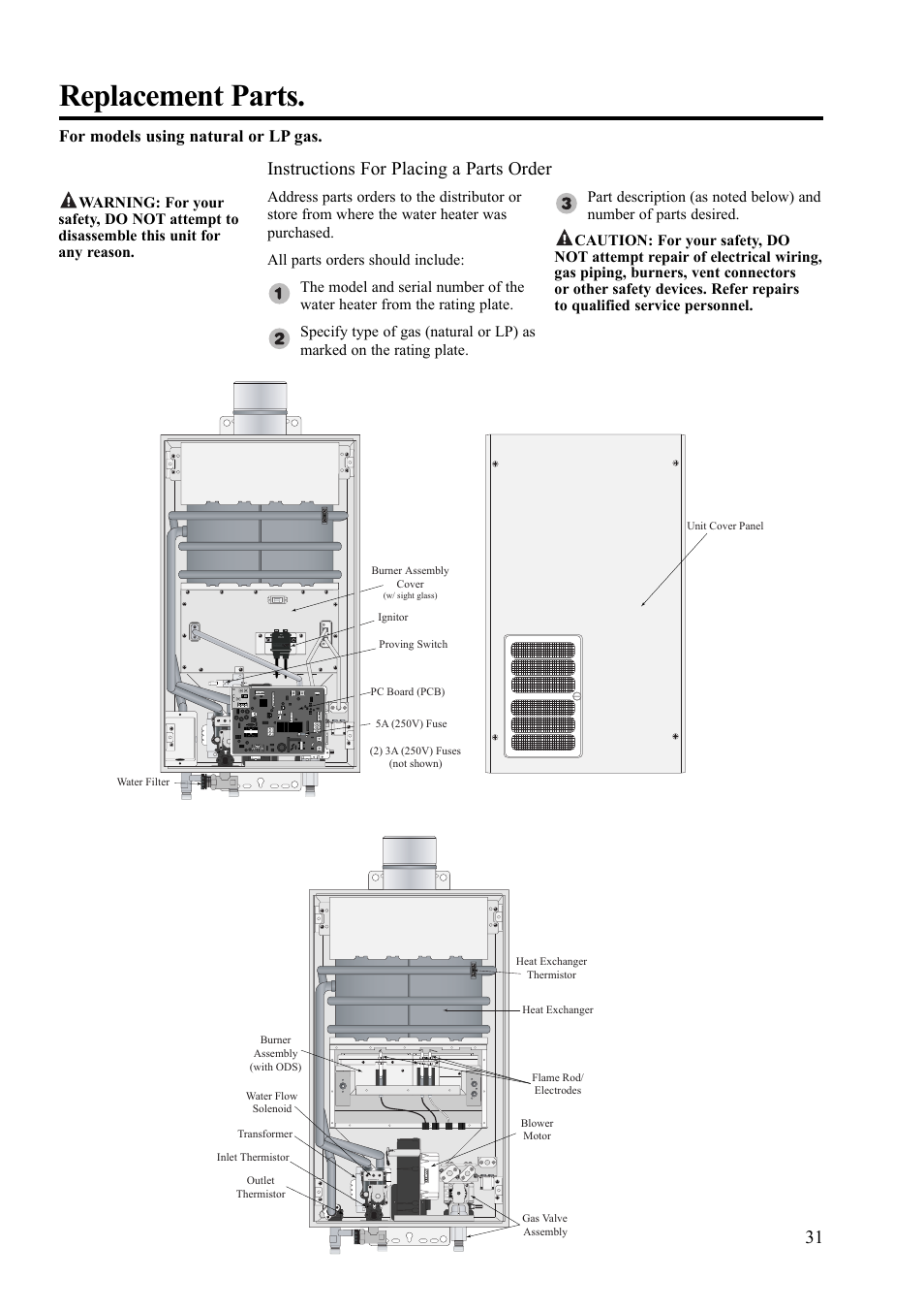 Replacement parts, Instructions for placing a parts order, For models using natural or lp gas | Paloma 7.4 Series Residential Indoor Gas User Manual | Page 31 / 32