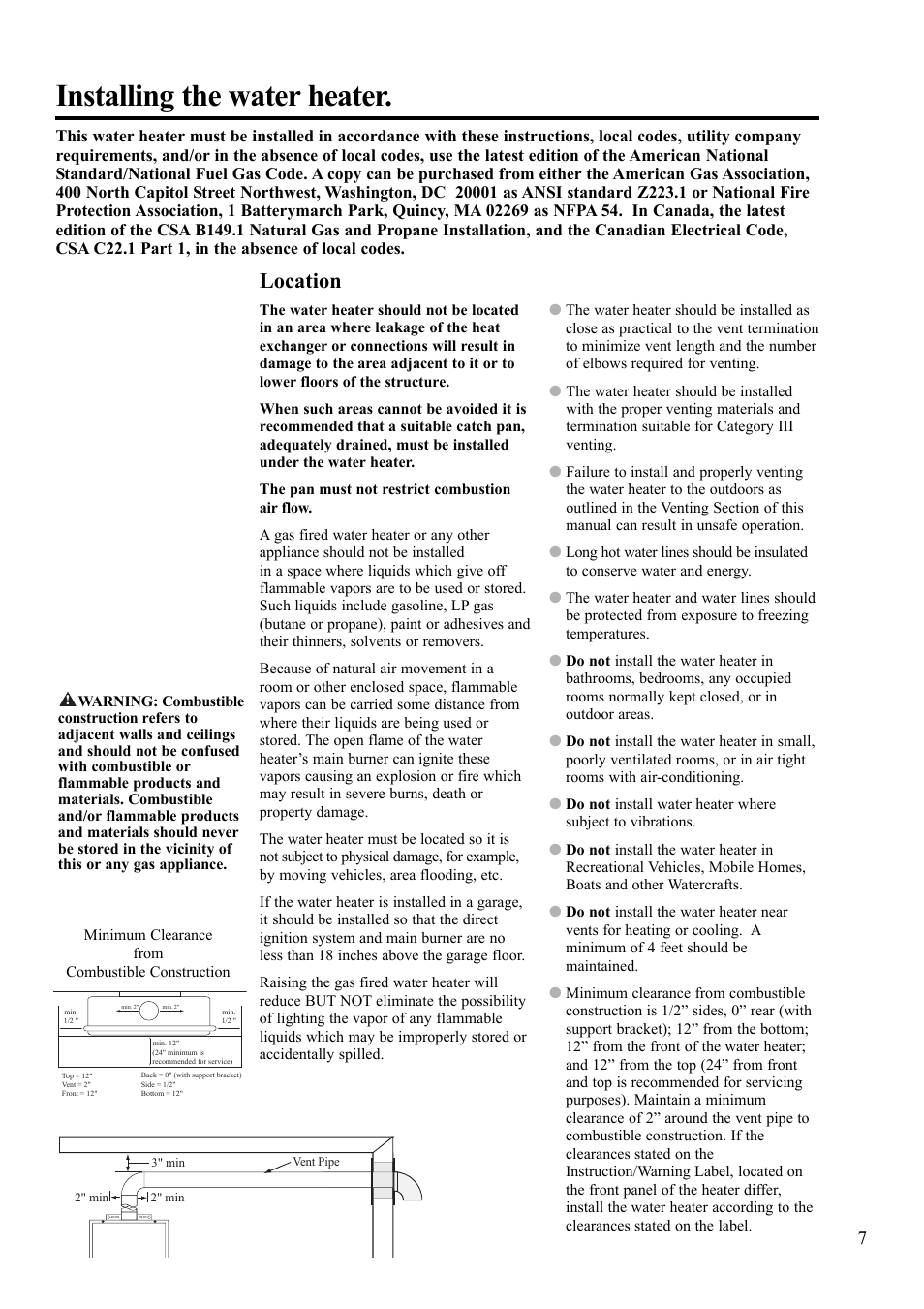 Installing the water heater, Location | Paloma 7.4 Series Residential Indoor Gas User Manual | Page 7 / 32