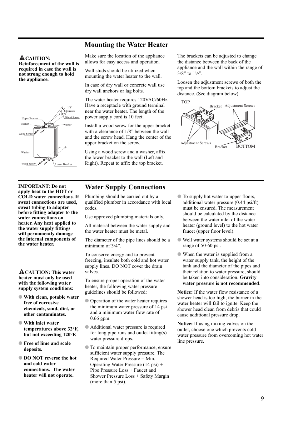 Water supply connections, Mounting the water heater | Paloma 7.4 Series Residential Indoor Gas User Manual | Page 9 / 32