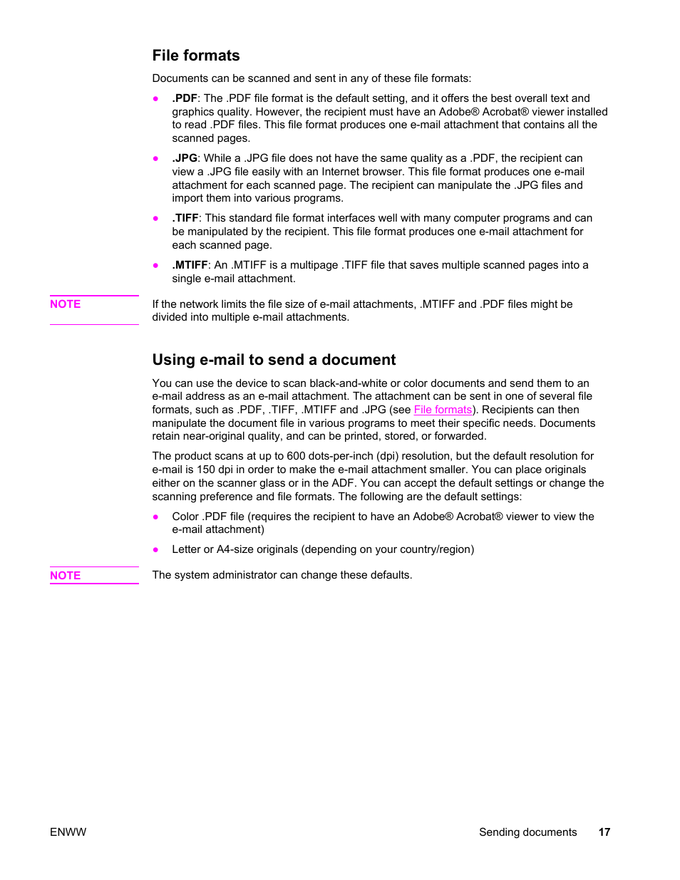 File formats, Using e‑mail to send a document, File formats using e-mail to send a document | Using e-mail to send a document | HP 9200c User Manual | Page 23 / 56
