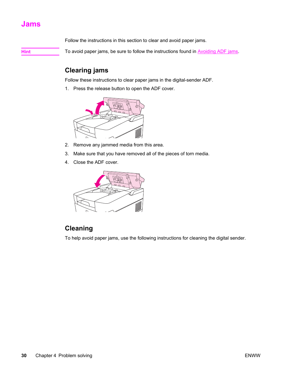 Jams, Clearing jams, Cleaning | Clearing jams cleaning | HP 9200c User Manual | Page 36 / 56