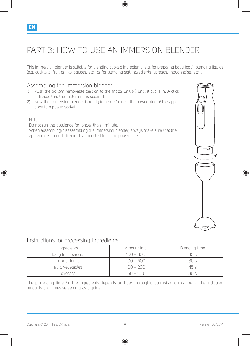 Part 3: how to use an immersion blender, Assembling the immersion blender, Instructions for processing ingredients | Philco PHHB 6603 User Manual | Page 8 / 62