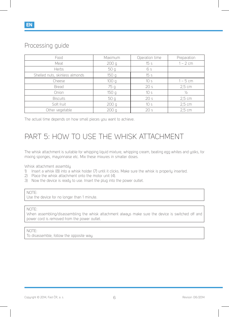 Part 5: how to use the whisk attachment, Processing guide | Philco PHHB 6611 User Manual | Page 8 / 48