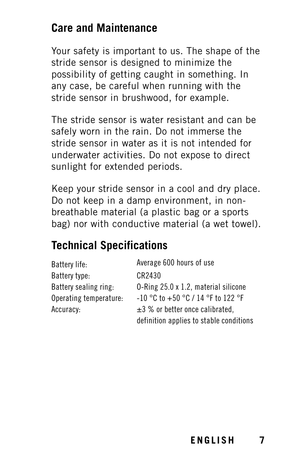 Care and maintenance, Technical specifications | POLAR Stride Sensor BT Smart User Manual | Page 9 / 18