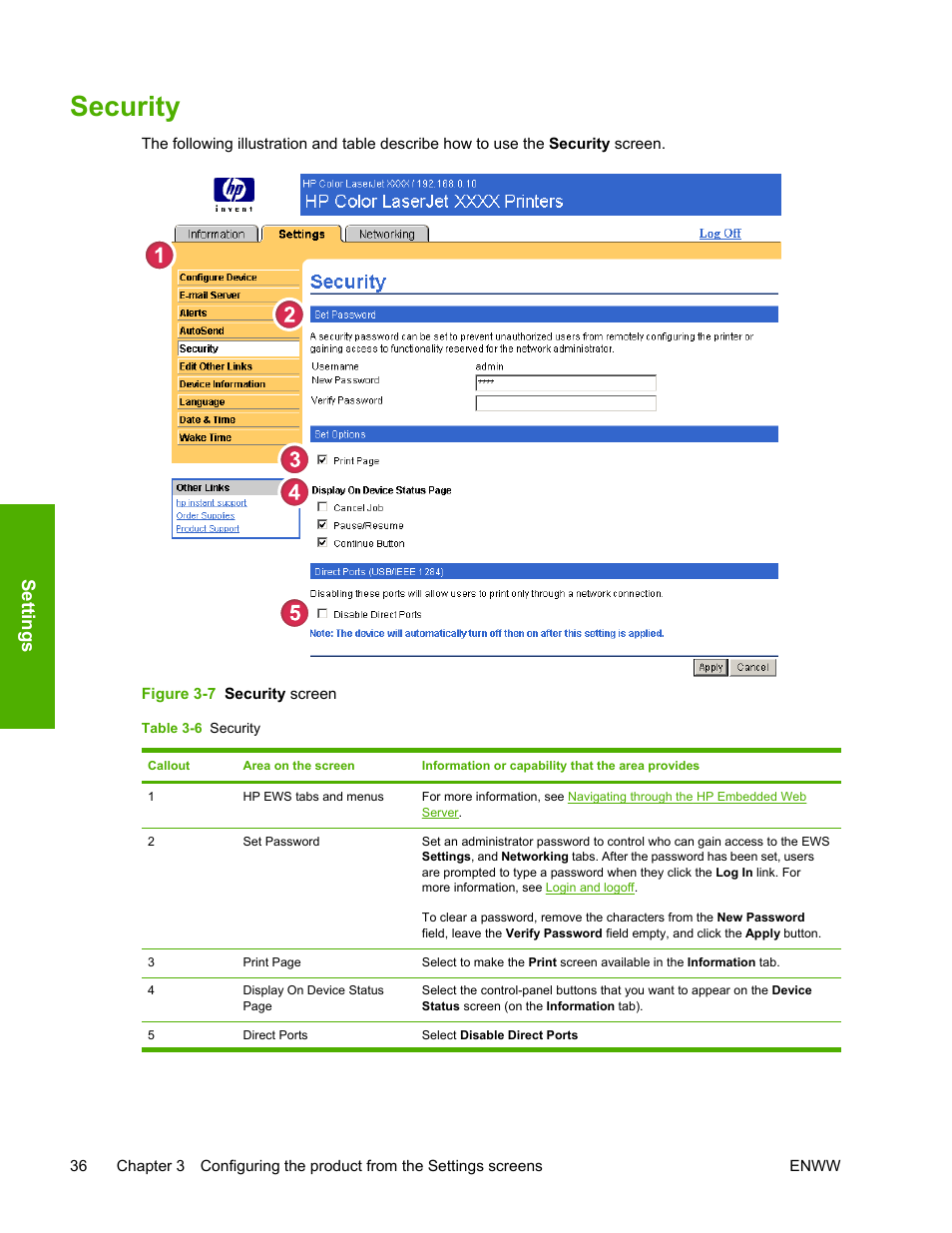 Security, Table 3-6, Figure 3-7 | Security screen, Settings | HP LaserJet 4700 User Manual | Page 46 / 68