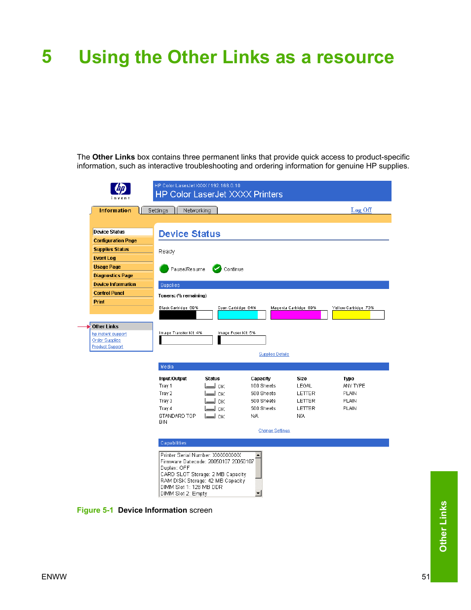 Using the other links as a resource, 5 using the other links as a resource, Figure 5-1 | Device information screen, Using the other links as a, Resource, 5using the other links as a resource | HP LaserJet 4700 User Manual | Page 61 / 68