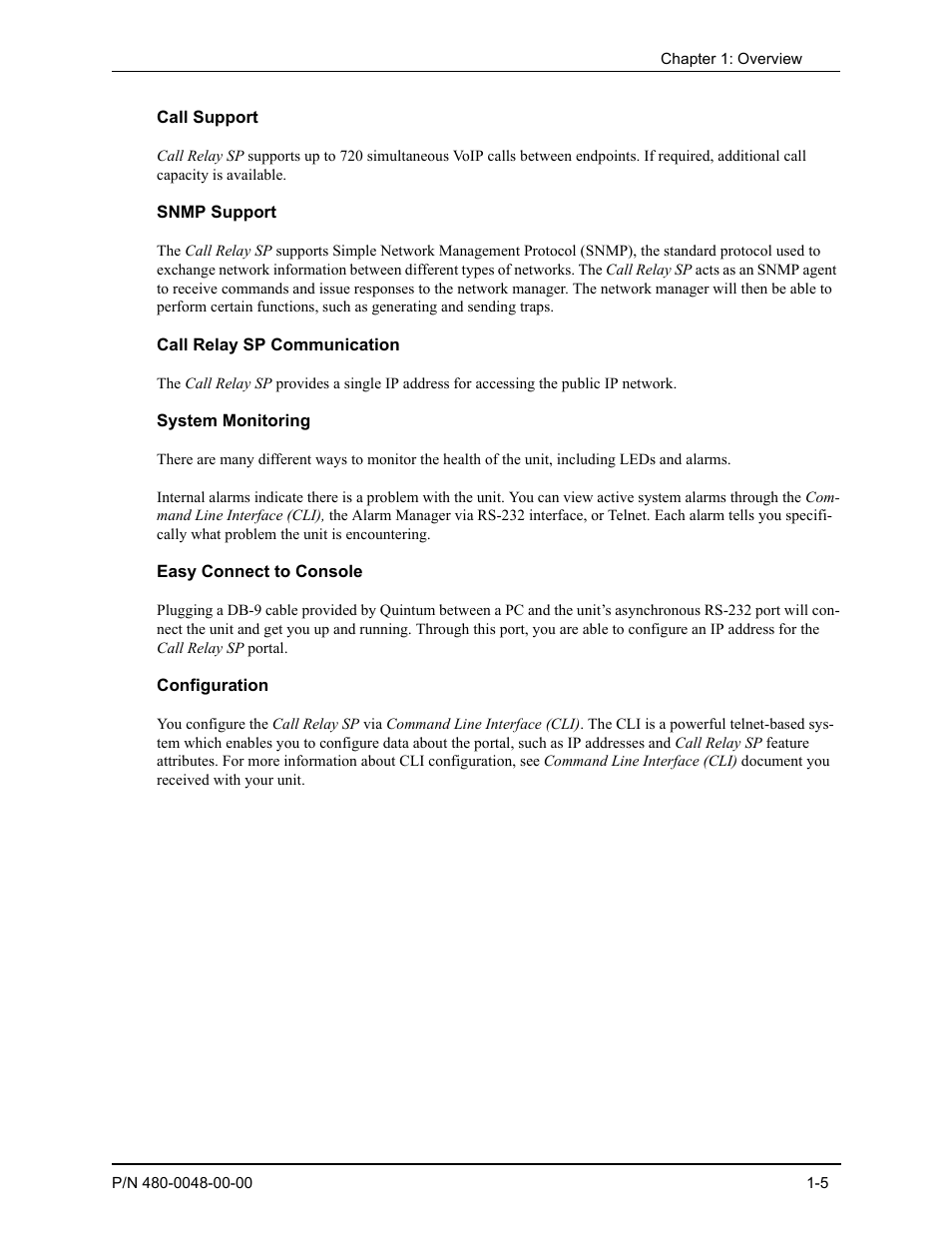 Call support, Snmp support, Call relay sp communication | System monitoring, Easy connect to console, Configuration, Call support -5, Snmp support -5, Call relay sp communication -5, System monitoring -5 | Quintum Technologies Tenor Call Relay SP User Manual | Page 14 / 98