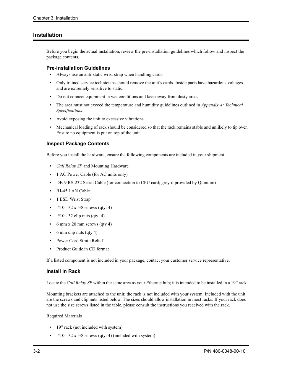 Installation, Pre-installation guidelines, Inspect package contents | Install in rack, Installation -2, Pre-installation guidelines -2, Inspect package contents -2, Install in rack -2 | Quintum Technologies Tenor Call Relay SP User Manual | Page 32 / 98