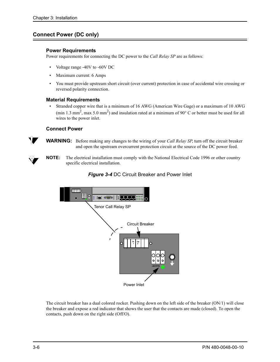 Connect power (dc only), Power requirements, Material requirements | Connect power, Connect power (dc only) -6, Power requirements -6, Material requirements -6, Connect power -6, Connect power warning, Figure 3-4 dc circuit breaker and power inlet | Quintum Technologies Tenor Call Relay SP User Manual | Page 36 / 98