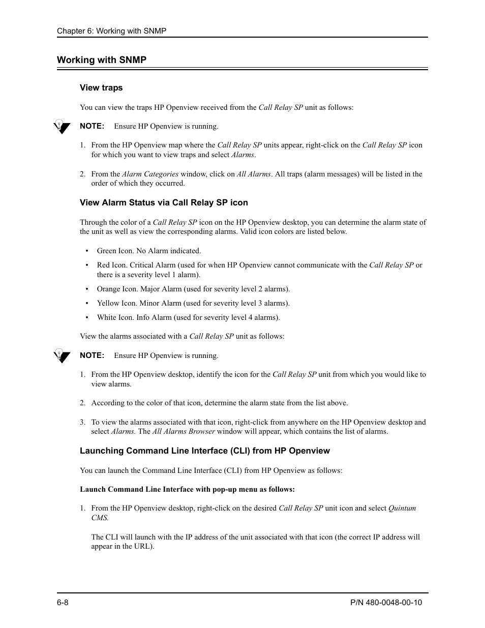 Working with snmp, View traps, View alarm status via call relay sp icon | Working with snmp -8, View traps -8, View alarm status via call relay sp icon -8 | Quintum Technologies Tenor Call Relay SP User Manual | Page 65 / 98