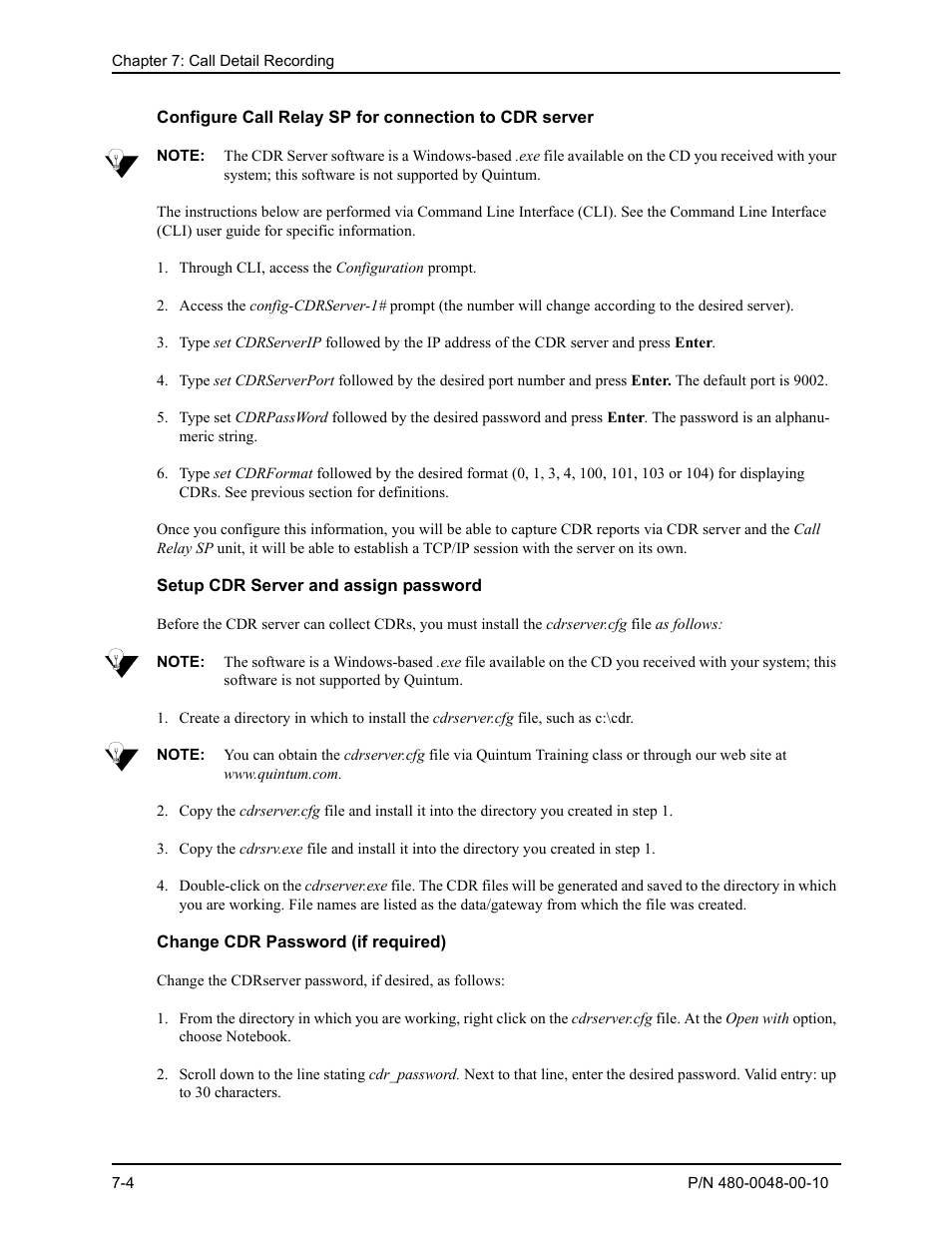 Setup cdr server and assign password, Change cdr password (if required), Setup cdr server and assign password -4 | Change cdr password (if required) -4 | Quintum Technologies Tenor Call Relay SP User Manual | Page 70 / 98