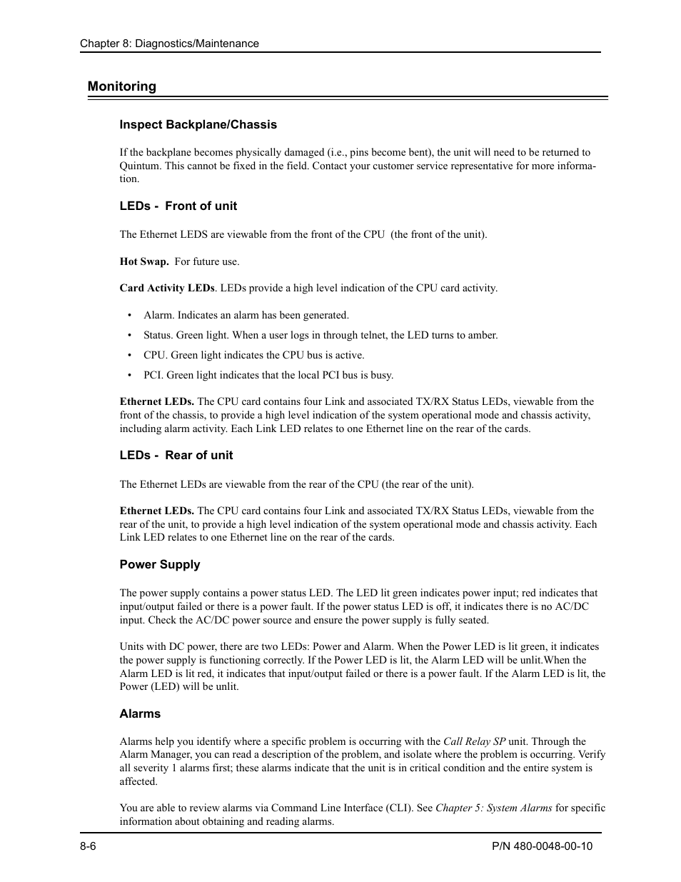 Monitoring, Inspect backplane/chassis, Alarms | Monitoring -6, Inspect backplane/chassis -6, Alarms -6 | Quintum Technologies Tenor Call Relay SP User Manual | Page 84 / 98