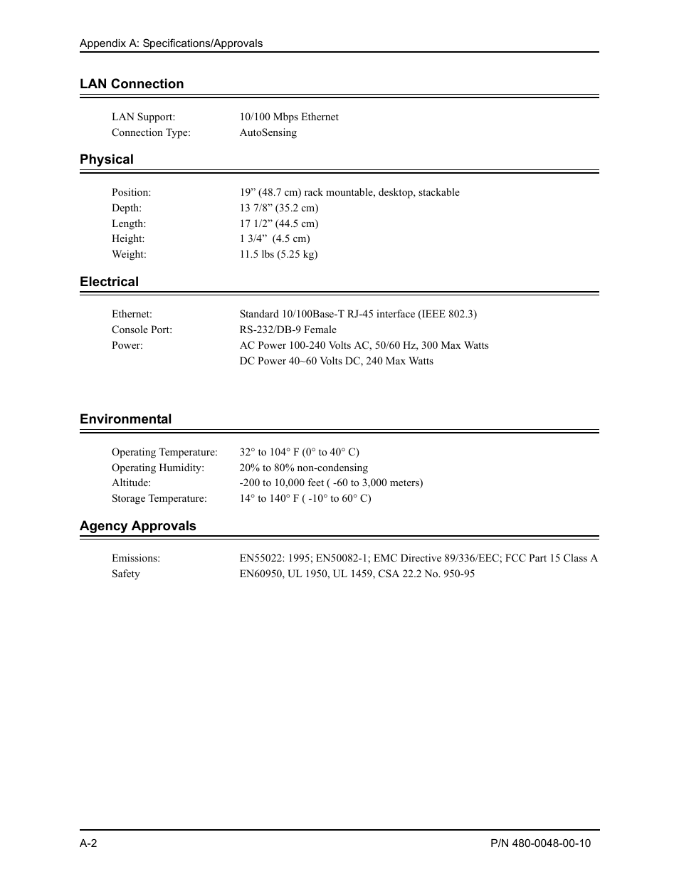 Lan connection, Physical, Electrical | Environmental, Agency approvals | Quintum Technologies Tenor Call Relay SP User Manual | Page 89 / 98