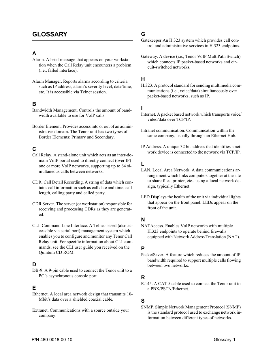 Glossary | Quintum Technologies Tenor Call Relay SP User Manual | Page 92 / 98