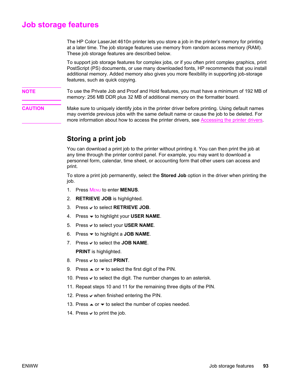 Job storage features, Storing a print job | HP LaserJet 4610n User Manual | Page 105 / 246