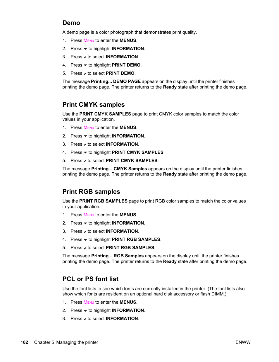 Demo, Print cmyk samples, Print rgb samples | Pcl or ps font list | HP LaserJet 4610n User Manual | Page 114 / 246
