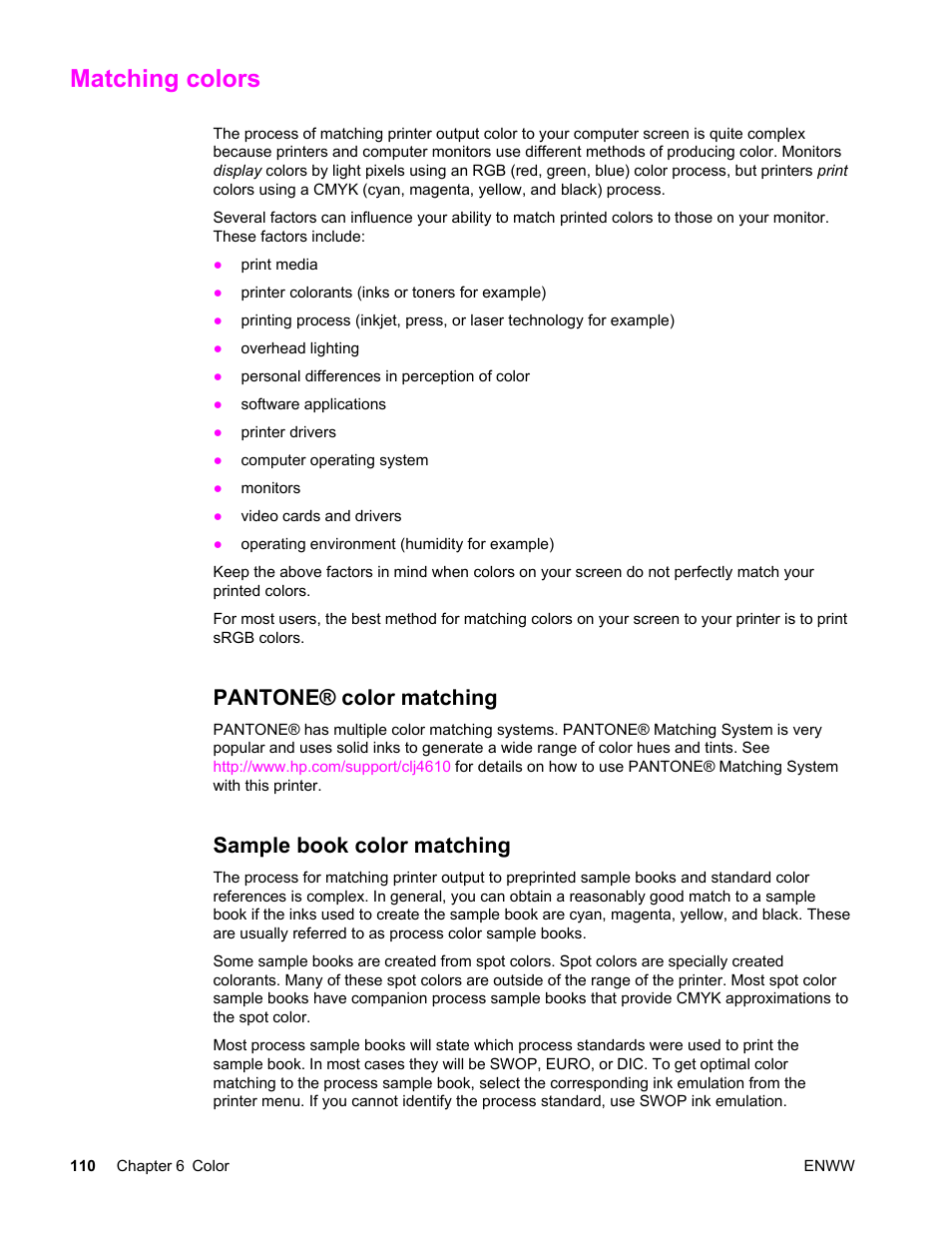 Matching colors, Pantone® color matching, Sample book color matching | Pantone® color matching sample book color matching | HP LaserJet 4610n User Manual | Page 122 / 246