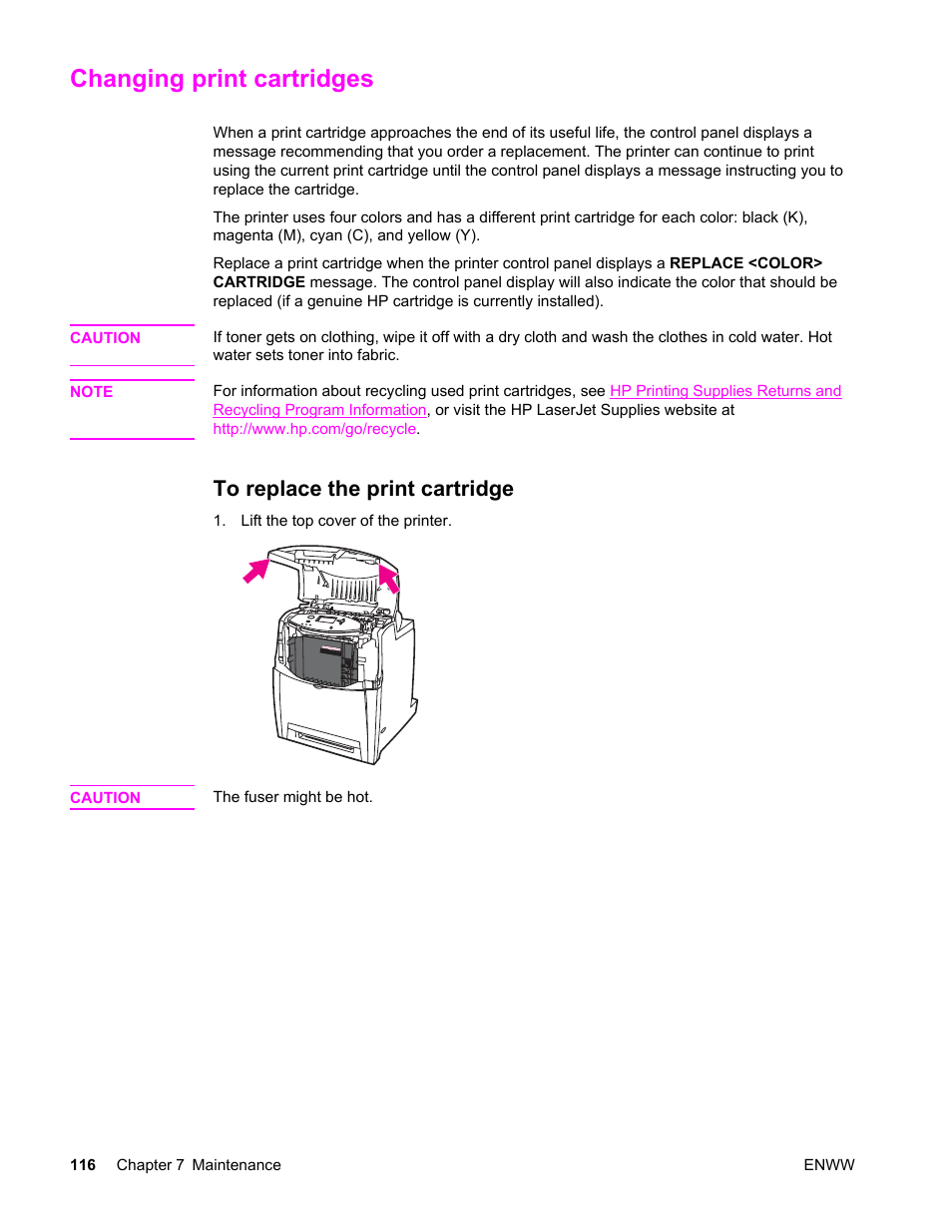 Changing print cartridges, To replace the print cartridge | HP LaserJet 4610n User Manual | Page 128 / 246