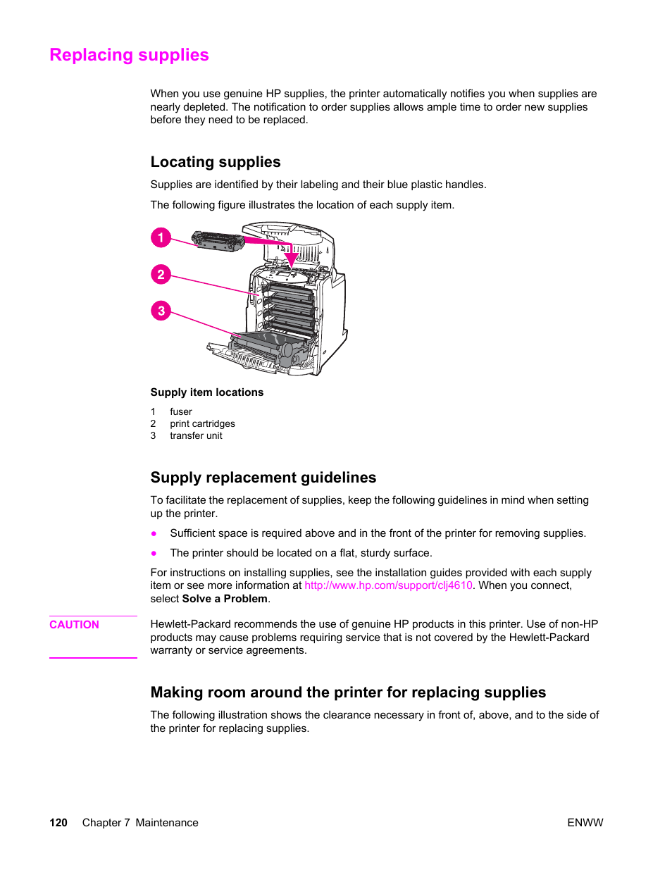 Replacing supplies, Locating supplies, Supply replacement guidelines | HP LaserJet 4610n User Manual | Page 132 / 246