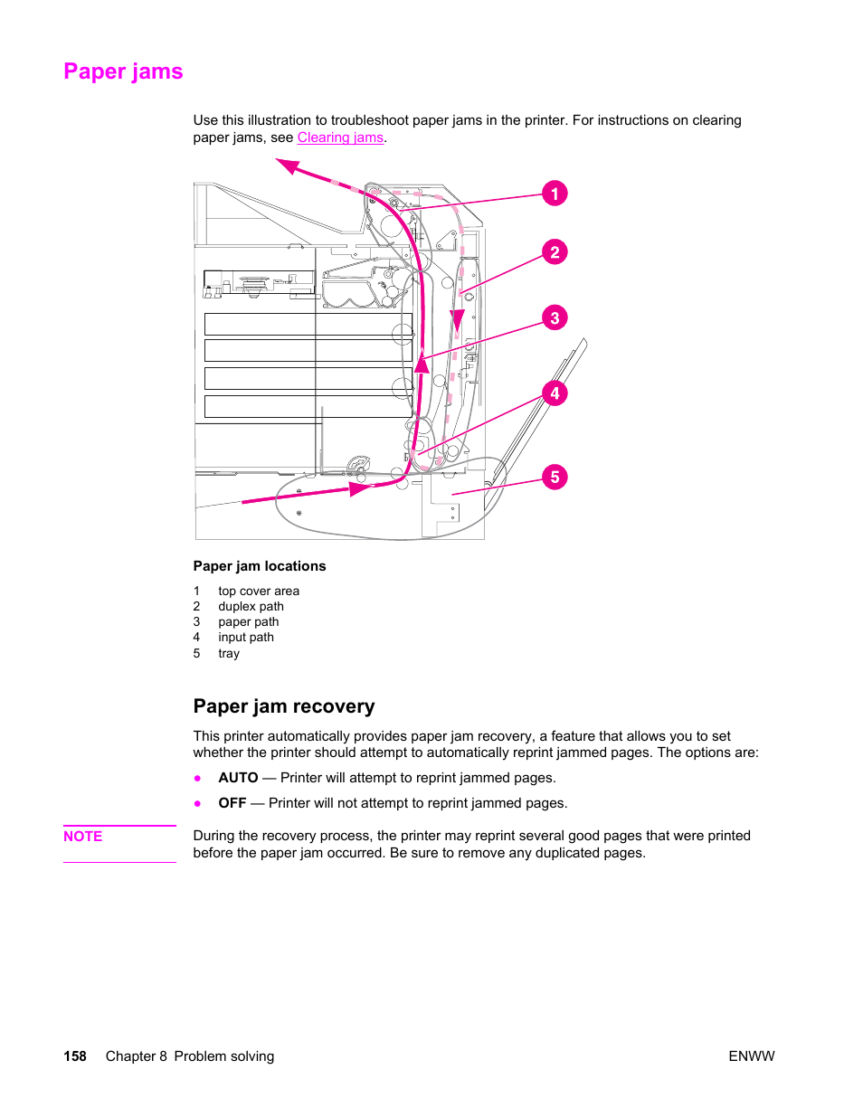 Paper jams, Paper jam recovery | HP LaserJet 4610n User Manual | Page 170 / 246