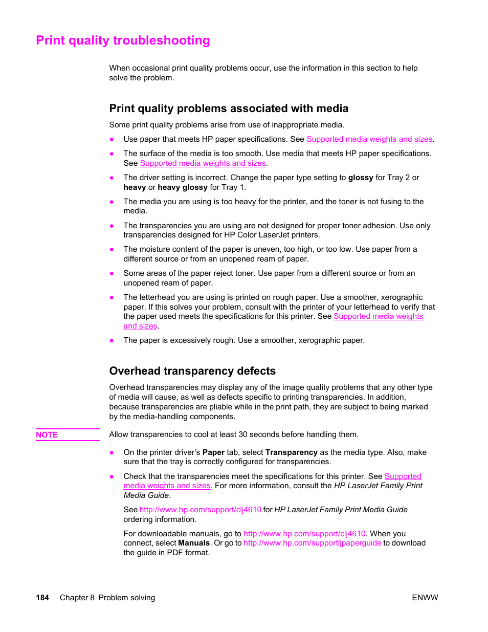 Print quality troubleshooting, Print quality problems associated with media, Overhead transparency defects | HP LaserJet 4610n User Manual | Page 196 / 246