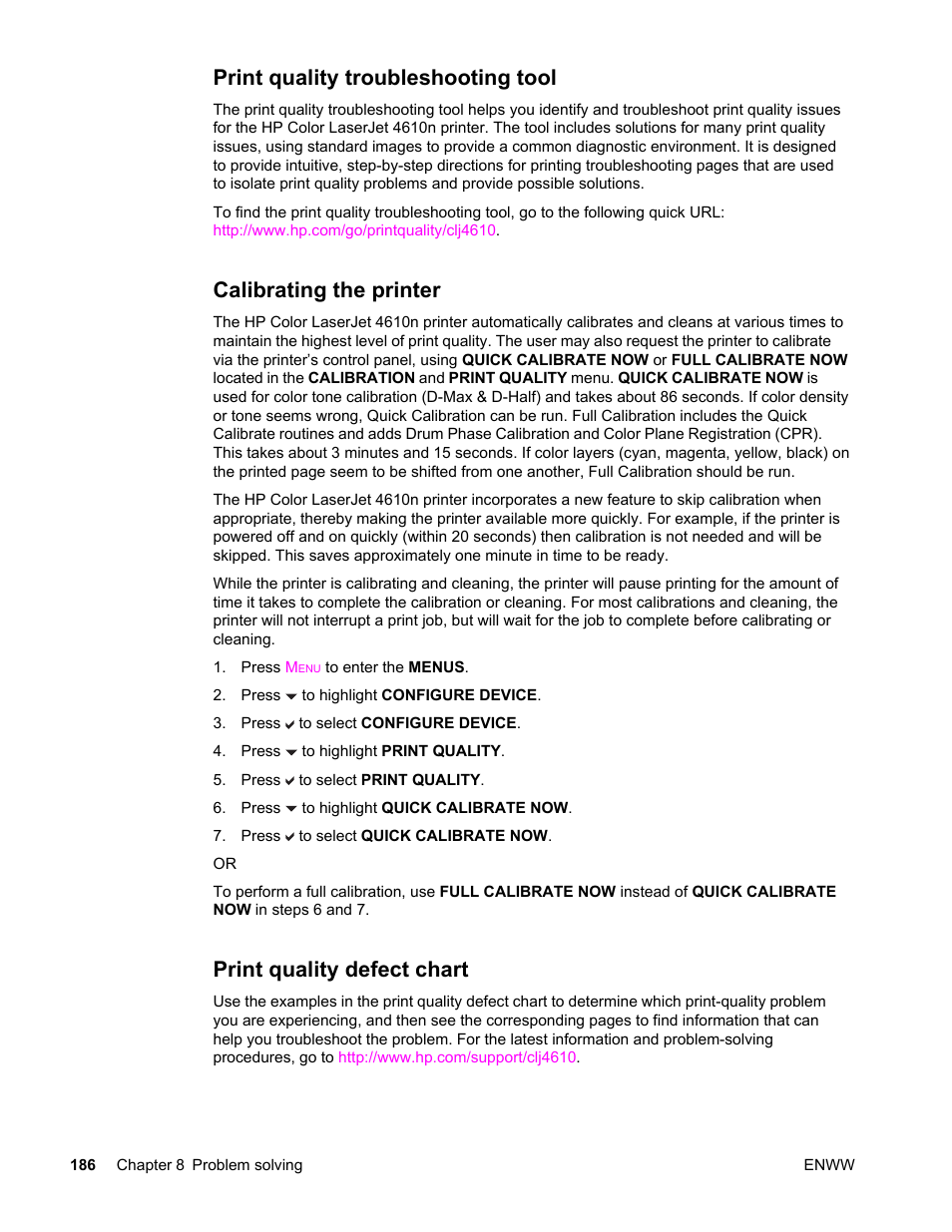 Print quality troubleshooting tool, Calibrating the printer, Print quality defect chart | HP LaserJet 4610n User Manual | Page 198 / 246