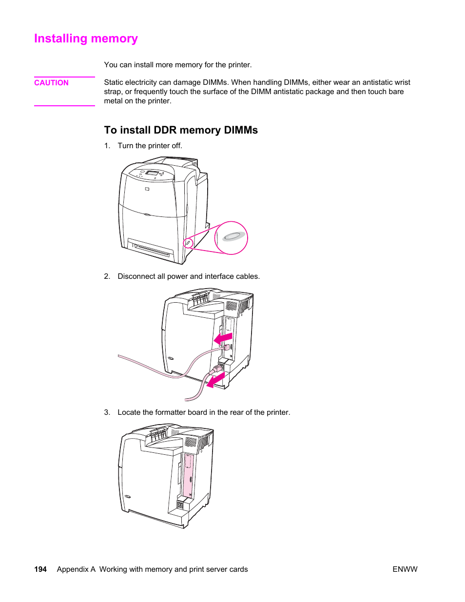 Installing memory, To install ddr memory dimms | HP LaserJet 4610n User Manual | Page 206 / 246