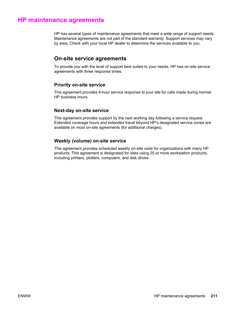 Hp maintenance agreements, On-site service agreements | HP LaserJet 4610n User Manual | Page 223 / 246