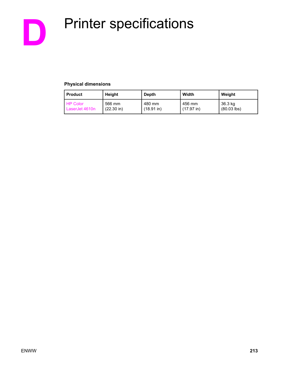 Printer specifications, Appendix d printer specifications | HP LaserJet 4610n User Manual | Page 225 / 246