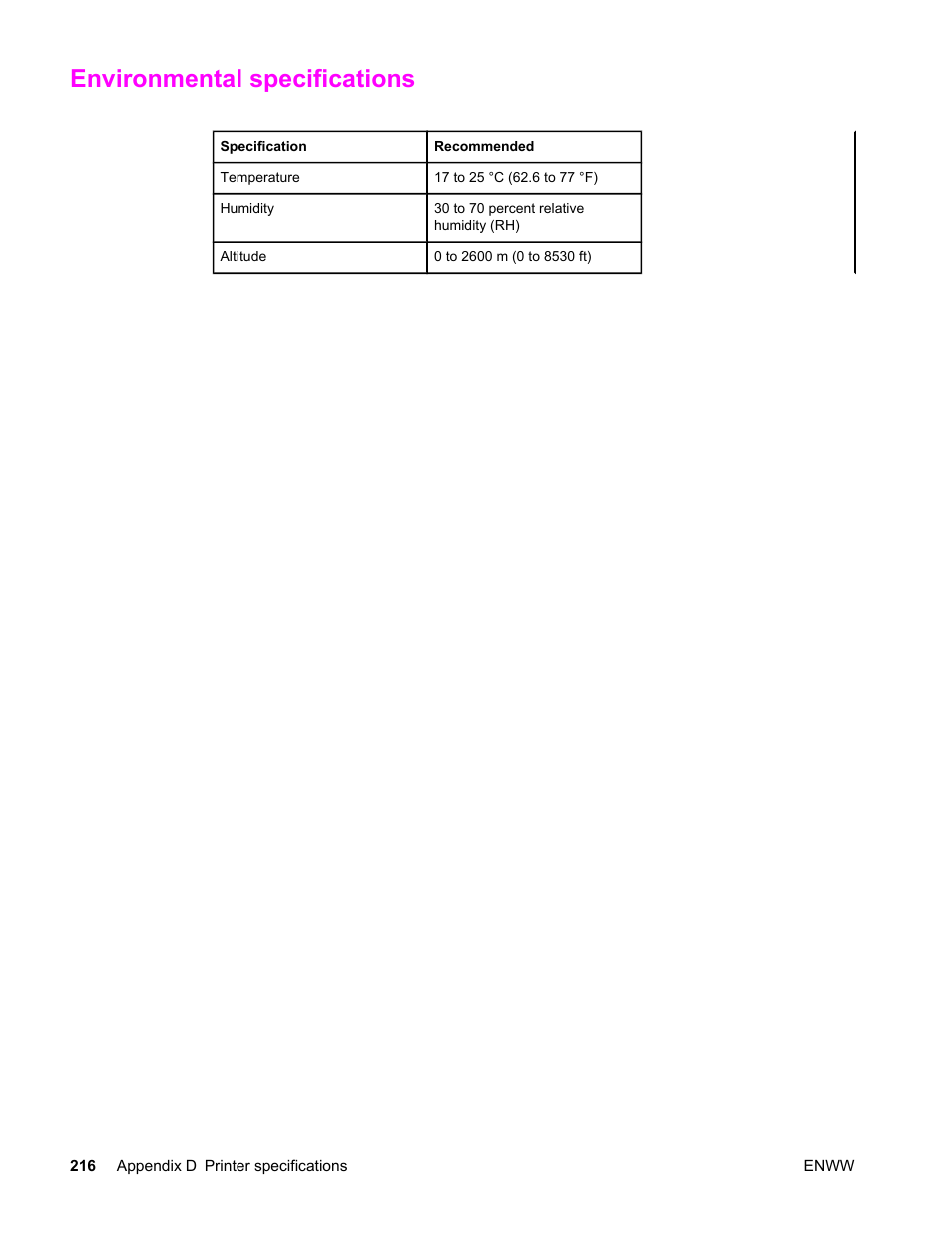 Environmental specifications, Environmental, Specifications | HP LaserJet 4610n User Manual | Page 228 / 246