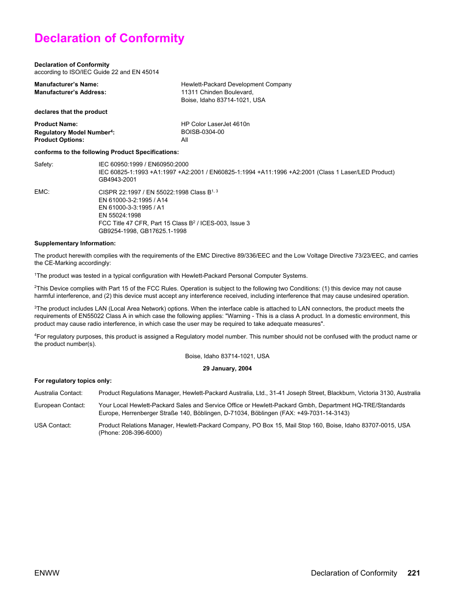 Declaration of conformity | HP LaserJet 4610n User Manual | Page 233 / 246