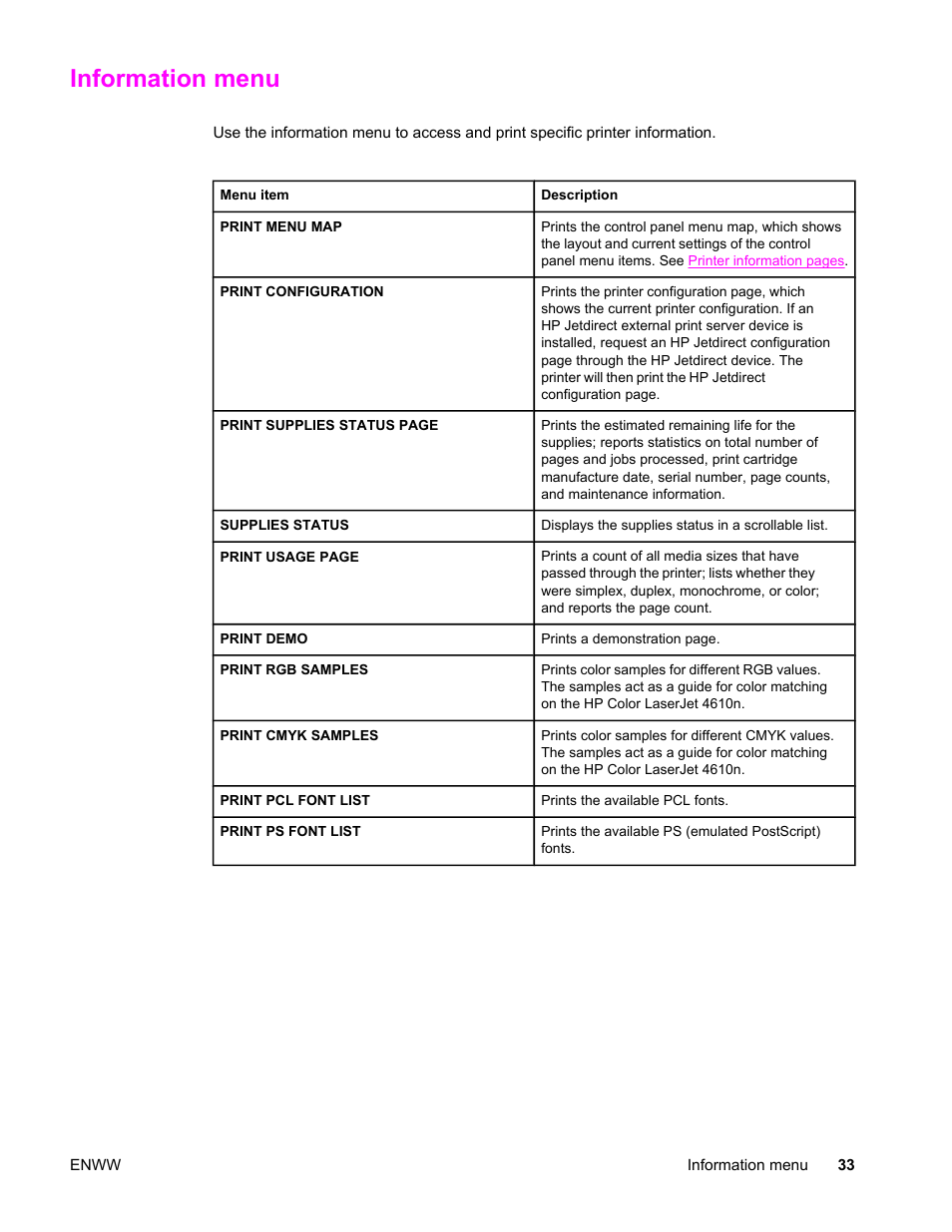 Information menu | HP LaserJet 4610n User Manual | Page 45 / 246