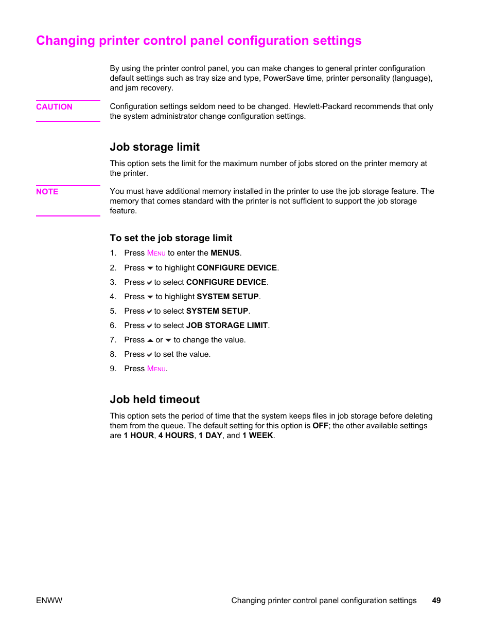 Job storage limit, Job held timeout, Job storage limit job held timeout | Changing printer control panel, Configuration settings, For more | HP LaserJet 4610n User Manual | Page 61 / 246