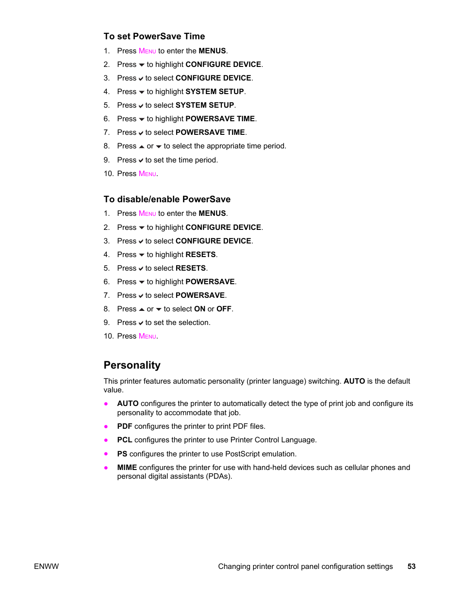 Personality | HP LaserJet 4610n User Manual | Page 65 / 246