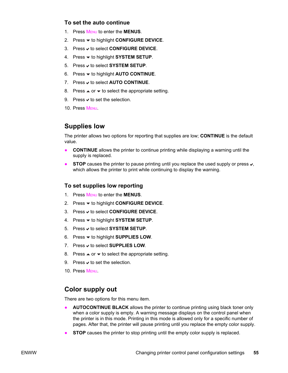 Supplies low, Color supply out, Supplies low color supply out | HP LaserJet 4610n User Manual | Page 67 / 246