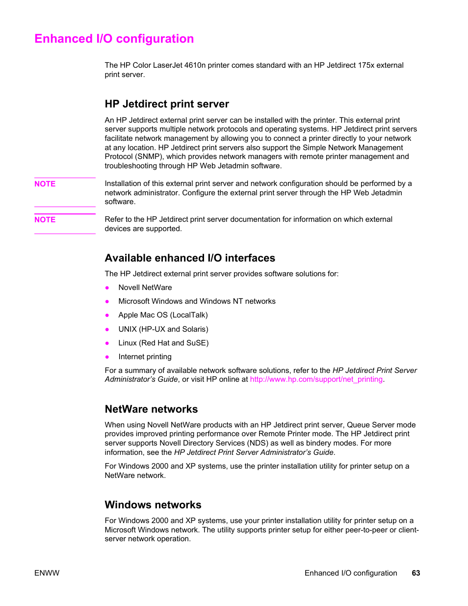 Enhanced i/o configuration, Hp jetdirect print server, Available enhanced i/o interfaces | Netware networks, Windows networks | HP LaserJet 4610n User Manual | Page 75 / 246