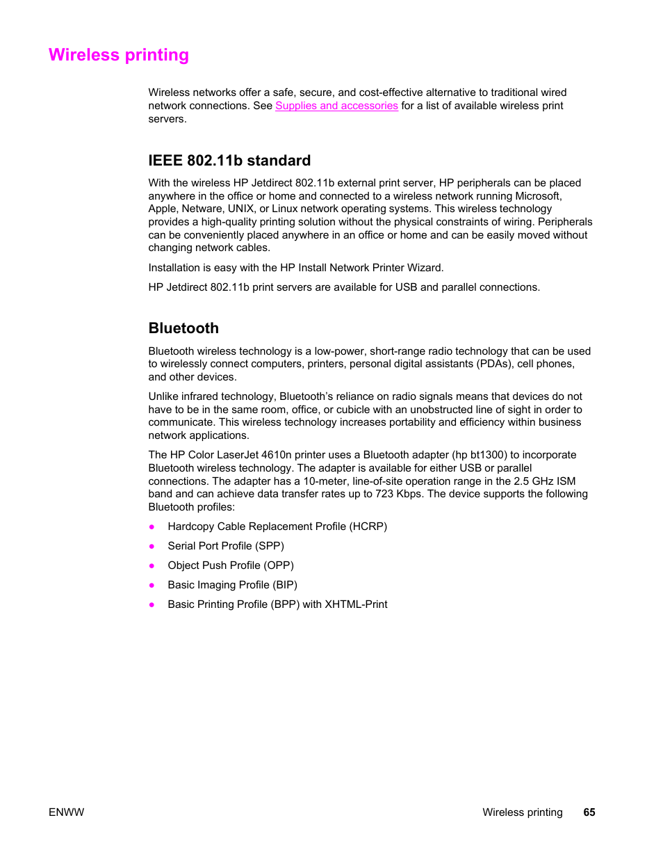 Wireless printing, Ieee 802.11b standard, Bluetooth | Ieee 802.11b standard bluetooth | HP LaserJet 4610n User Manual | Page 77 / 246