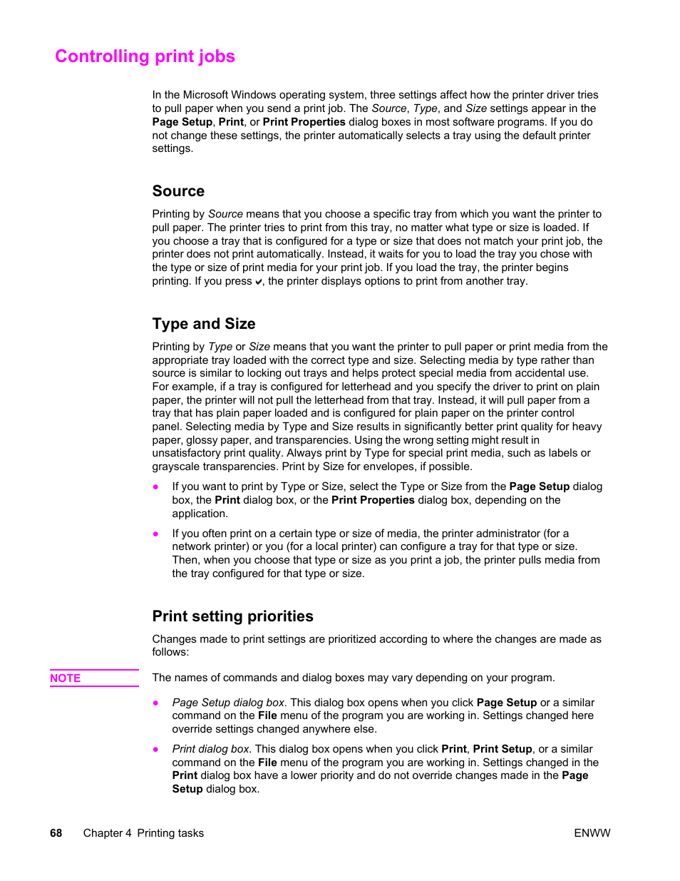 Controlling print jobs, Source, Type and size | Print setting priorities, Source type and size print setting priorities | HP LaserJet 4610n User Manual | Page 80 / 246