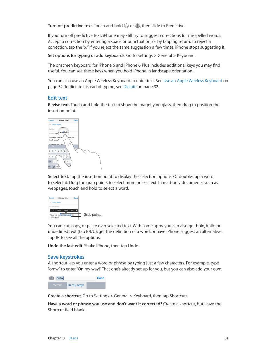 Edit text, Save keystrokes | Apple iPhone iOS 8.4 User Manual | Page 31 / 196