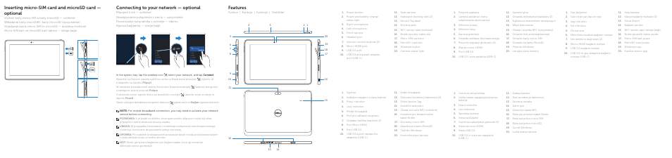 Features, Connecting to your network — optional | Dell Venue 10 Pro 5056 User Manual | Page 2 / 2