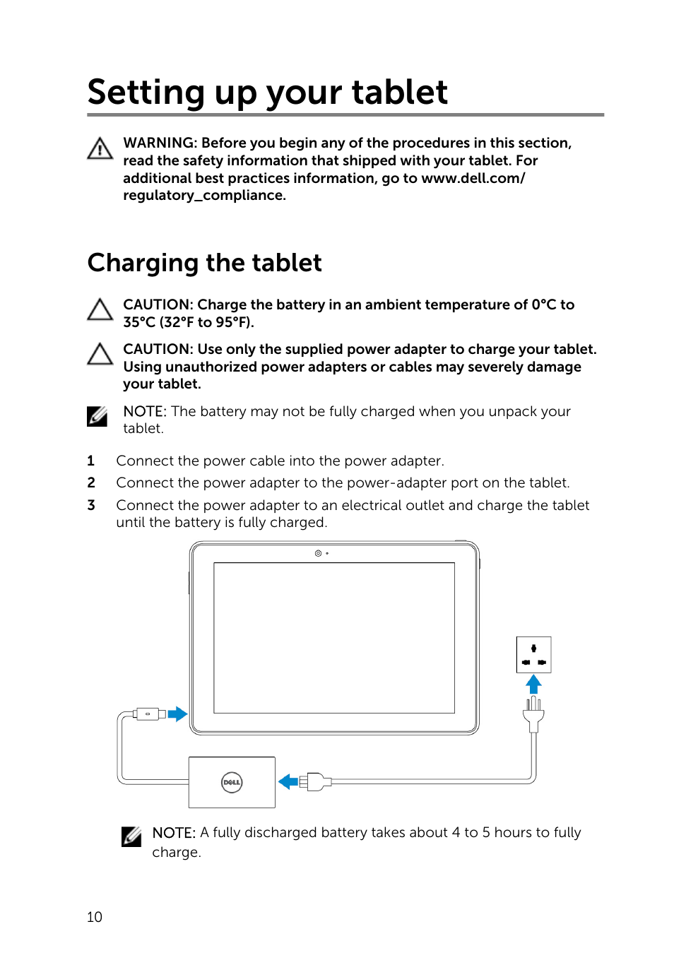Setting up your tablet, Charging the tablet | Dell Venue 10 Pro 5056 User Manual | Page 10 / 39