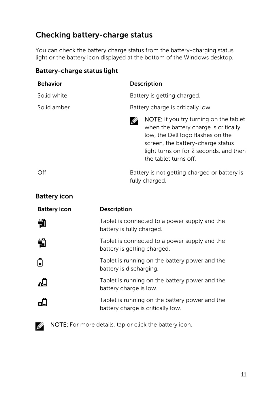 Checking battery-charge status | Dell Venue 10 Pro 5056 User Manual | Page 11 / 39