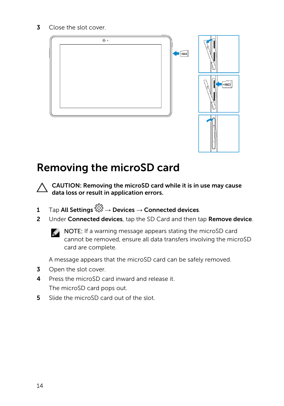 Removing the microsd card | Dell Venue 10 Pro 5056 User Manual | Page 14 / 39