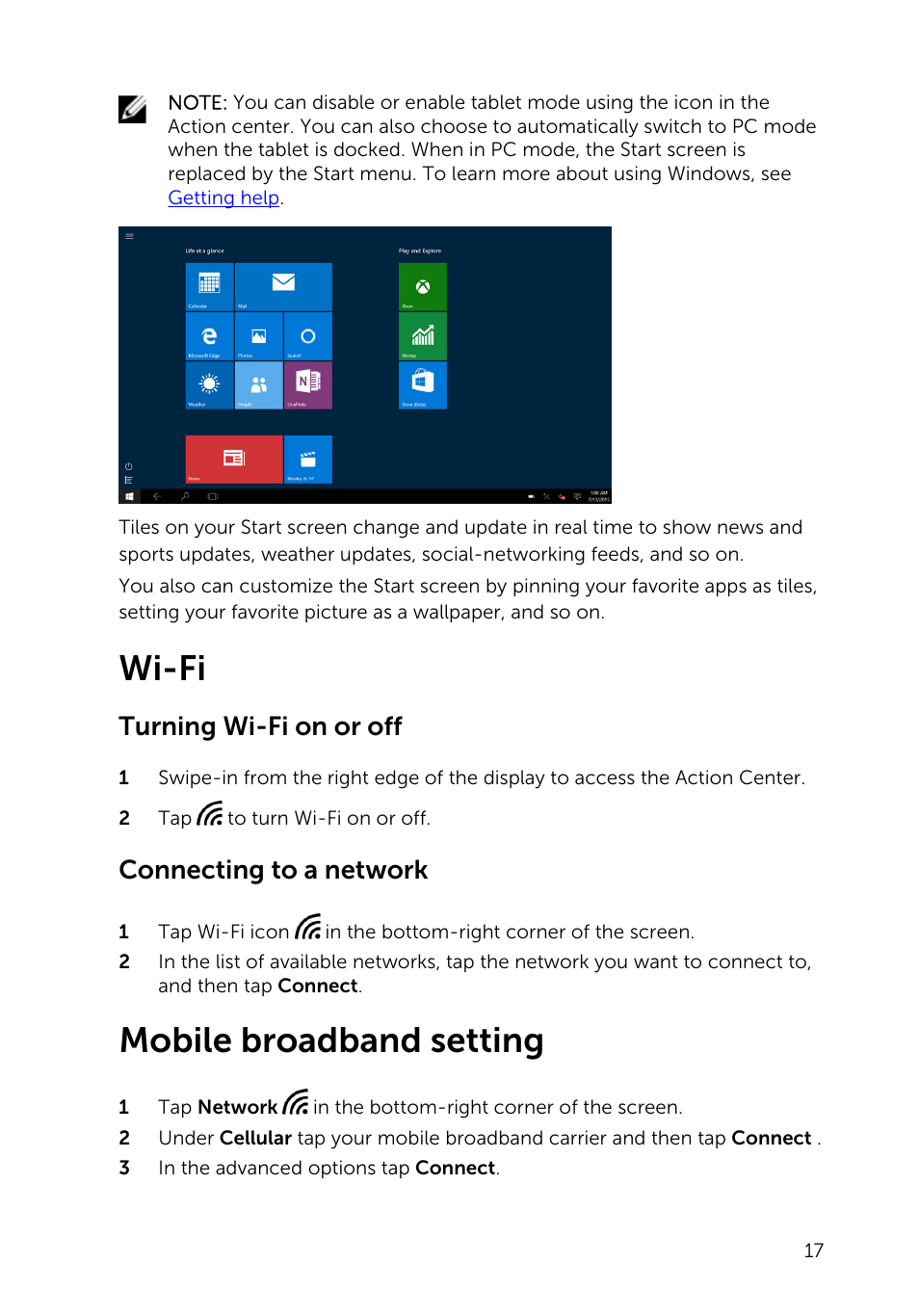 Wi-fi, Turning wi-fi on or off, Connecting to a network | Mobile broadband setting | Dell Venue 10 Pro 5056 User Manual | Page 17 / 39