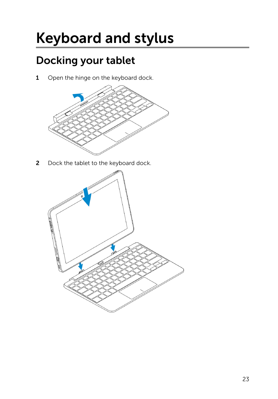 Keyboard and stylus, Docking your tablet | Dell Venue 10 Pro 5056 User Manual | Page 23 / 39