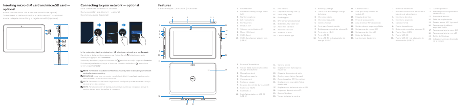Features, Connecting to your network — optional | Dell Venue 10 Pro 5056 User Manual | Page 2 / 2