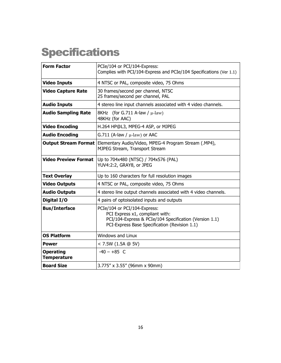 Specifications | Sensoray 953-ET User Manual | Page 16 / 17