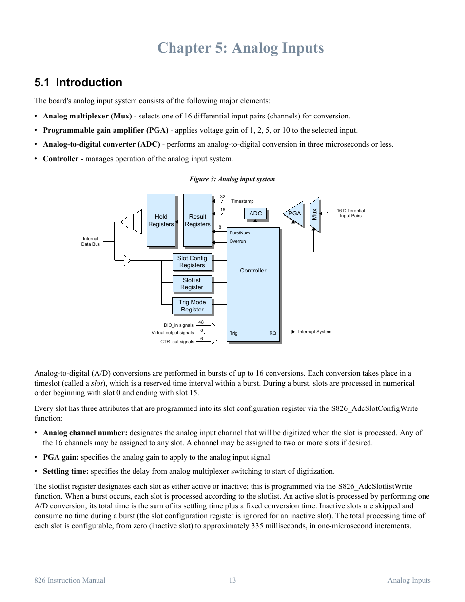 Chapter 5: analog inputs, 1 introduction, Analog inputs | Introduction | Sensoray 826 User Manual | Page 18 / 76