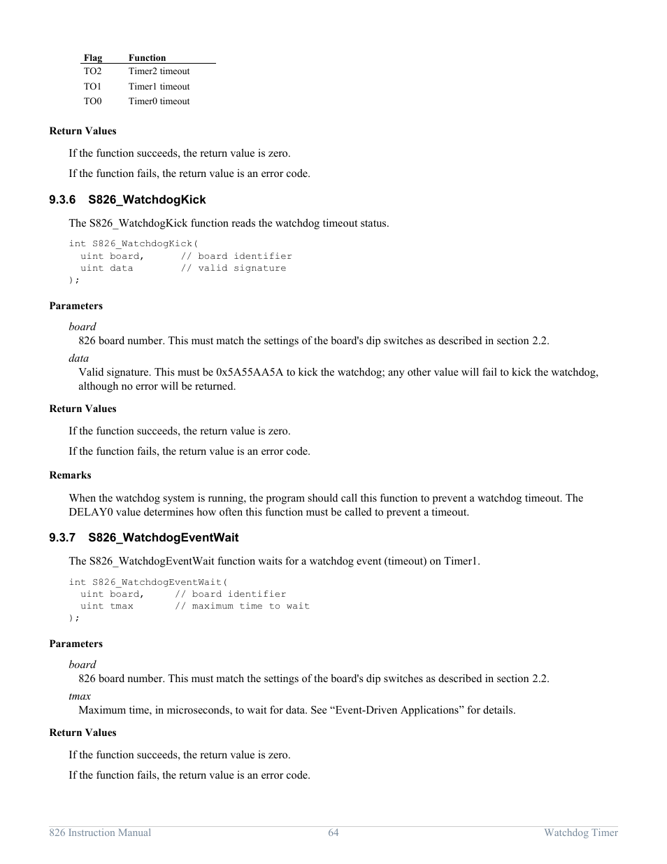 6 s826_watchdogkick, 7 s826_watchdogeventwait, S826_watchdogkick | S826_watchdogeventwait | Sensoray 826 User Manual | Page 69 / 76
