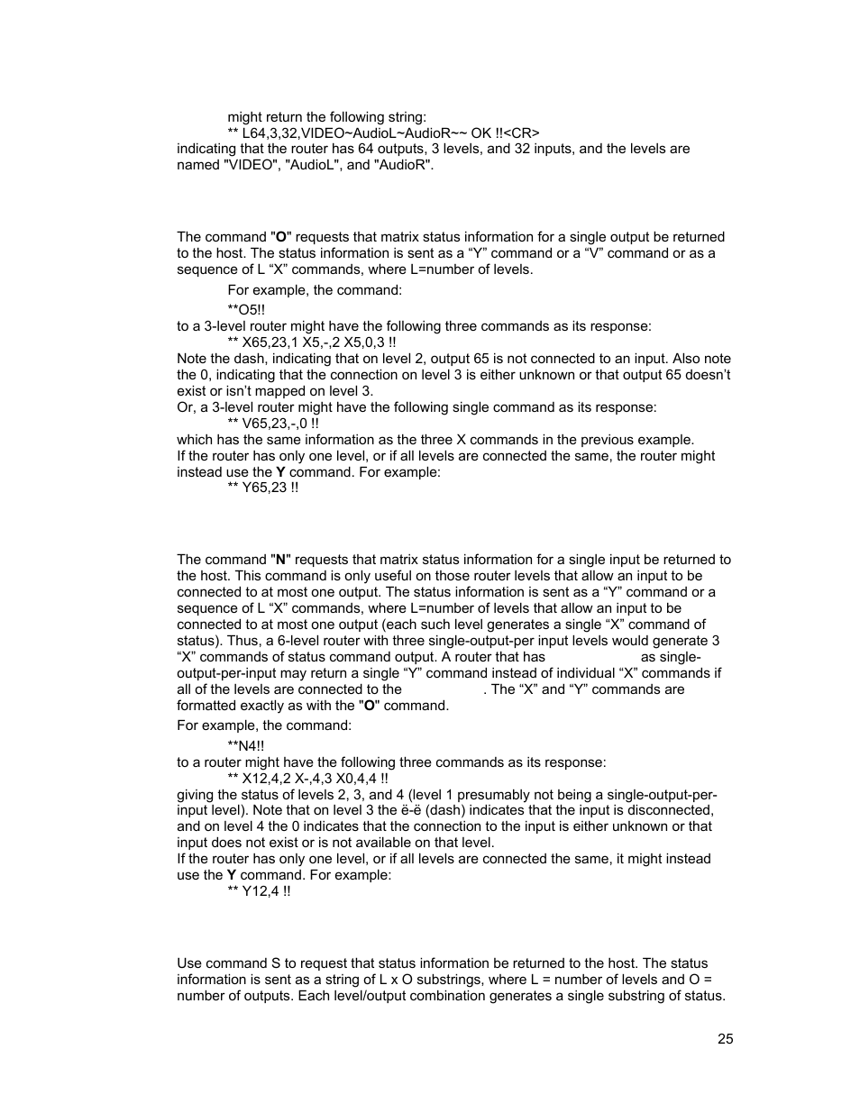 O”: output status inquiry, N”: input status inquiry, S”: status inquiry | Sierra Video Tahoe Series 16 User Manual | Page 31 / 78
